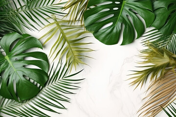 Tropical leaves, Monstera plants and coconut on light marble background. Summer concept