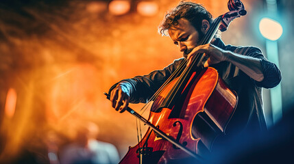 Close up of a musician playing cello. Generative AI