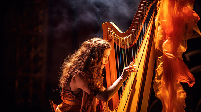 Close up of a harpist playing the harp at a concert. Generative AI
