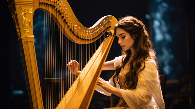 A woman playing the harp. Generative AI