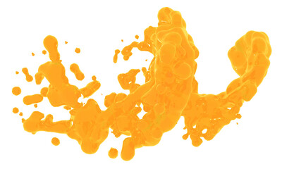 Fresh orange juice splashing various shapes on transparent background