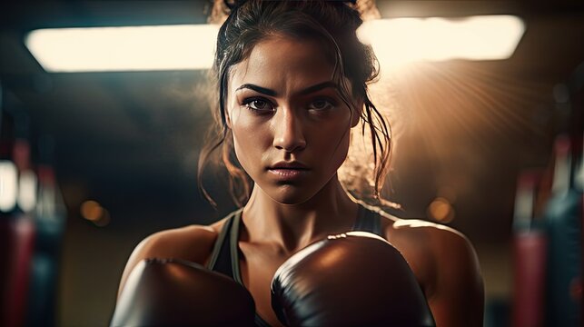 A woman training boxing at gym. Generative Ai