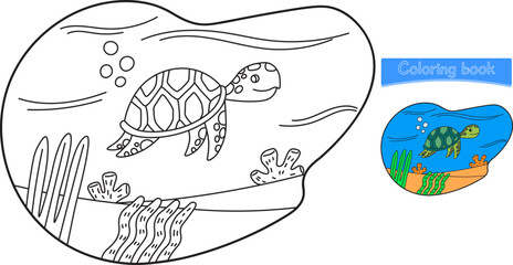 Funny cartoon turtle. Coloring pages. Vector illustration