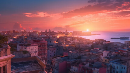 a beautifull landscape in havana with a sunset in the background, Generative AI
