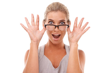 Portrait, surprise and woman with glasses, wow and shocked lady isolated against a transparent...