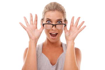Portrait, surprise and woman with glasses, wow and shocked lady isolated against a transparent background. Face, female person or model with eyewear, shock omg with announcement, good news and png
