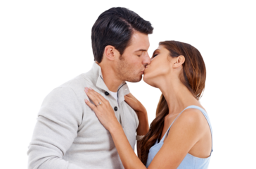 Love, trust or couple kissing for romance in relationship commitment isolated on transparent png background. Lovers, man or romantic woman enjoy intimate bonding together on marriage anniversary date