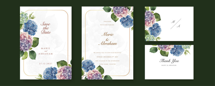 blue pink hydrangea floral flower vector elegant hand drawing wedding invitation floral design watercolor