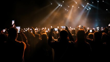 Fototapeta na wymiar A crowd of people at a live event, concert or party holding smartphones. Large audience, crowd, or participants of a live event, in a arena type venue with bright lights above. Generative AI