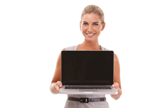 Laptop mockup, portrait and businesswoman with a smile isolated on a transparent png background. Happy worker, screen and computer presentation, website and digital marketing platform on the internet