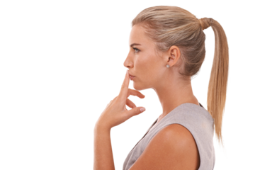 Profile, thinking or woman with ideas, business or employee with decisions, choice or opportunity. Female person, consultant or entrepreneur with png, inspiration or agent on a transparent background
