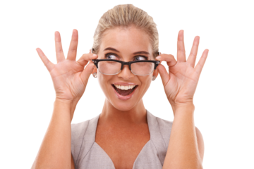 Shock, glasses and PNG with an excited woman isolated on a transparent background for vision or eyewear. Wow, surprise and prescription frame lenses with a happy female customer at an optometrist