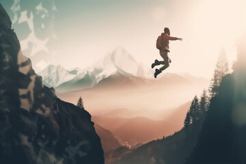 man jumping on the top of mountain