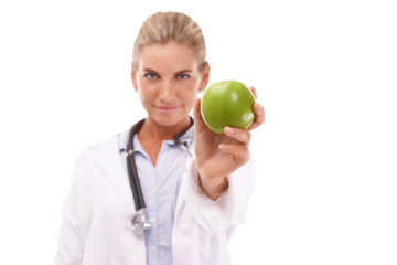 Portrait, apple and healthcare with a doctor woman isolated on a transparent background for medical advice. Medicine, diet and nutrition with a female health professional holding a fruit on PNG