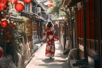 Obraz premium A Woman in Japanese Kimono Traditional Style Walking Down a Narrow Alley in Japan Town