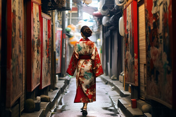Obraz na płótnie Canvas A Woman in Japanese Kimono Traditional Style Walking Down a Narrow Alley in Japan Town