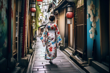 A Woman in Japanese Kimono Traditional Style Walking Down a Narrow Alley in Japan Town
