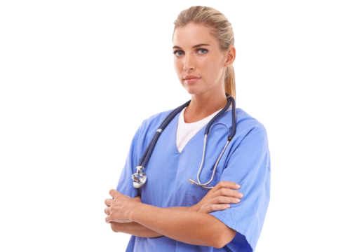 Healthcare, portrait of doctor woman and isolated against a transparent png in background. Medical professional or nursing, health wellness and female nurse or surgeon alone with arms crossed