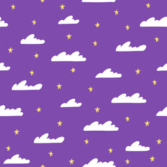 Seamless pattern with white clouds and yellow stars on a purple sky background.