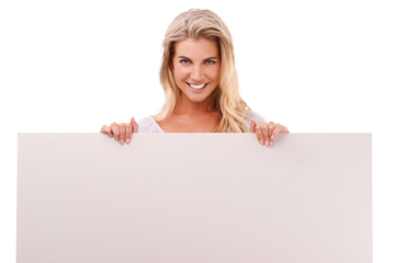Portrait, poster and mockup with a woman on PNG isolated on a transparent background for advertising. Billboard, sign or space for marketing with an announcement by a happy female brand ambassador