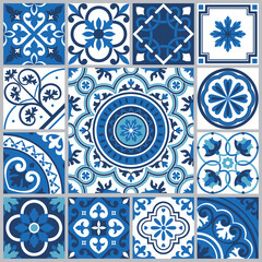 Set of blue tiles and floors. Patchwork for wallpaper. Traditional Portuguese mosaic design. Spanish majolica tile pattern. Vector illustration. Geoetric florals