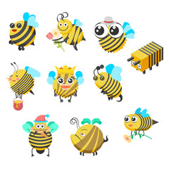 Obraz premium Set Abstract Collection Flat Cartoon Animal Insect Beetle Bee Fly Honey Yellow Animal Vector Design Style Elements Fauna Wildlife