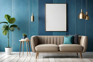 Blank frame mockup for artwork or print on pastel blue wall with pastel pink couch, copy space. Interior design
