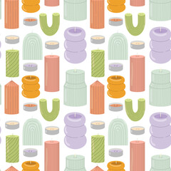 Seamless colorful pattern with different modern handmade aroma candles on white background in flat style. Home design, interior concept. For background, textile, wrapper