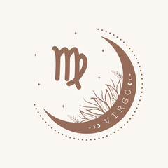 Astrological Virgo zodiac sign. Horoscope icon in boho minimalist style. Mystic vector illustration. Spiritual tarot card. Hand drawn magic vintage logo.