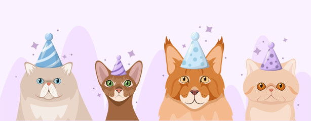 A set of cute cats in caps. A holiday card in cartoon style.
