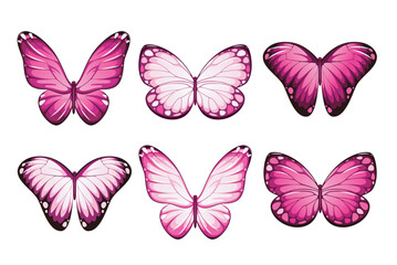 A set of beautiful pink butterflies on a white background.
