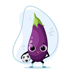Funny eggplant with a soccer ball. The vegetable is a football player. Cartoon design.