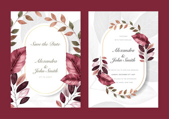 Leaf red autumn floral flower elegant wedding invitation watercolor