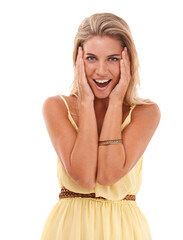 Woman, excited and surprise portrait with wow expression on an isolated, transparent png background...