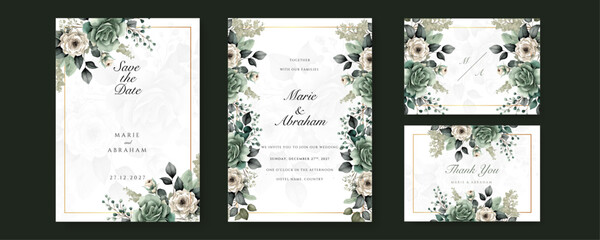 White green orchid floral flower vector watercolor colorfull wedding invitation card template set with golden floral decoration