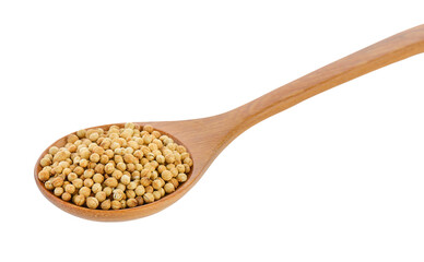 Coriander seeds in wood spoon on transparent png