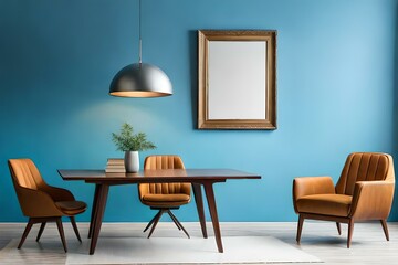 Blank frame mockup for artwork or print on pastel blue wall with dining table set
