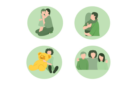 Set of warm hugs between kids, parents and little friends. Happy child embracing mother, father and other diverse children with love. Colored flat vector illustration for website, banner and flyer