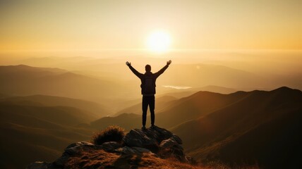 man cheering and being happy on mountain top at sunset. Generative AI
