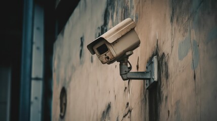 Outdoor security camera, or surveillance camera on a wall. Generative AI