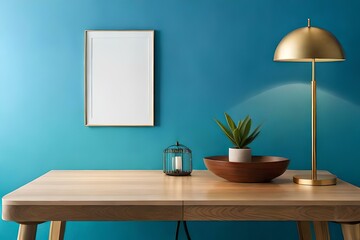 Mockup of an poster frame with wooden table top on a blue wall background