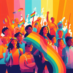 illustration depicting a diverse group of LGBTQ+ individuals coming together and raising a rainbow-colored flag, symbolizing unity, pride, and progress with a bold and vibrant