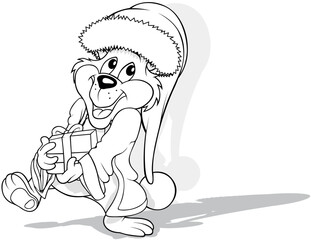 Drawing of a Cute Teddy Bear in a Santa Claus Costume with a Christmas Present