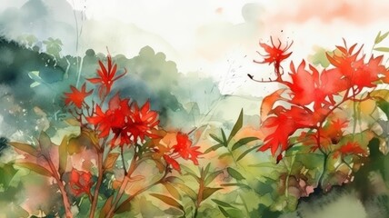 Obraz na płótnie Canvas Water color drawing of tropical rain forest with some red flowers bloomimg. Generative AI