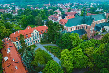 Abbots Palace in Gdansk Oliwa on a cloudy summer morning. View from a drone. - obrazy, fototapety, plakaty