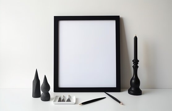 a blank black frame and two pens on white table for background, in the style of minimalist canvases, uhd image, simplistic cartoon generative ai