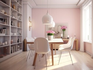 Minimal interior design of a modern dining room in light pink tones, decorated with simple furniture with a white chair and wooden table. Generative AI