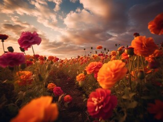 Beautiful summer field of colorful cosmos flowers, natural sunlight, and bright summer sky background. Generative AI
