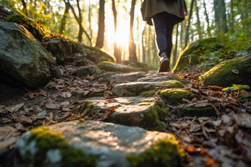 Obraz premium Close up a person's feet walking on rocks , Walking on a trail in the woods , Travel Concept , Created with Generative Ai Technology