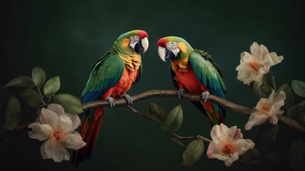 Fototapeta premium Two parrots on a branch with flowers blooming around them. for something tropical. Generative AI